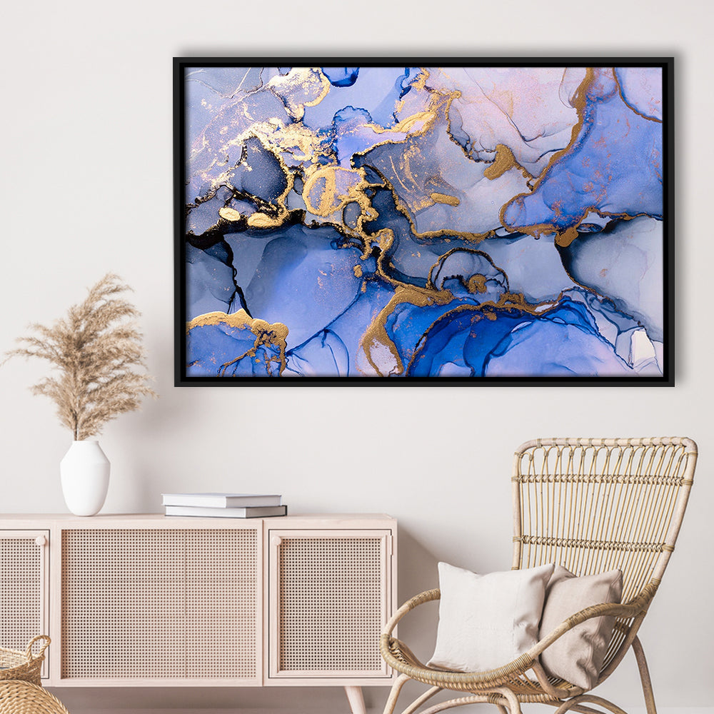 Blue Purple Gold Marble Painting  Blue Gold Abstract Print, Framed Canvas Print Wall Art, Floating Frame