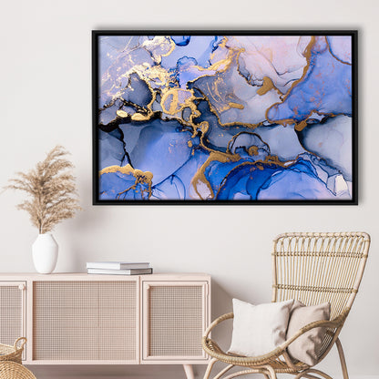 Blue Purple Gold Marble Painting  Blue Gold Abstract Print, Framed Canvas Print Wall Art, Floating Frame