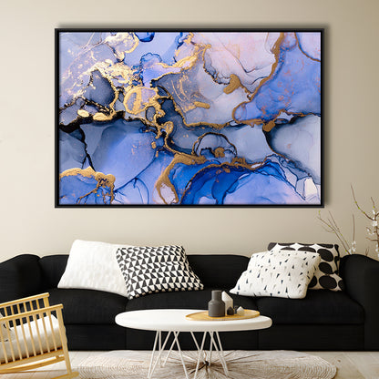 Blue Purple Gold Marble Painting  Blue Gold Abstract Print, Framed Canvas Print Wall Art, Floating Frame