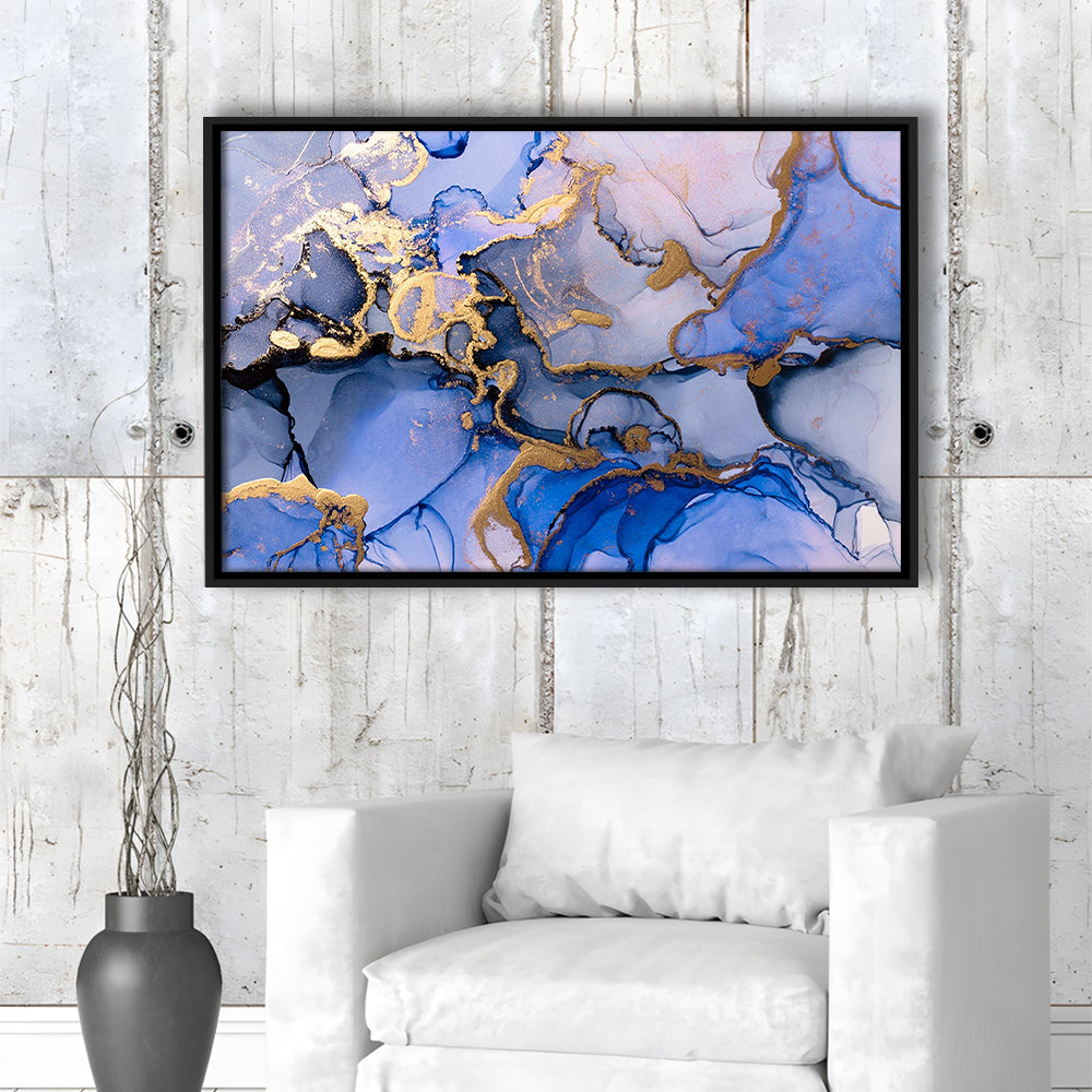 Blue Purple Gold Marble Painting  Blue Gold Abstract Print, Framed Canvas Print Wall Art, Floating Frame