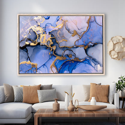 Blue Purple Gold Marble Painting  Blue Gold Abstract Print, Framed Canvas Print Wall Art, Floating Frame