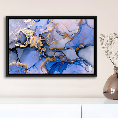 Blue Purple Gold Marble Painting  Blue Gold Abstract Print, Framed Canvas Print Wall Art, Floating Frame