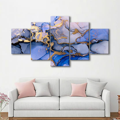 Blue purple gold Marble painting  Blue gold Abstract print, 5 Panel Mixed Canvas Print Wall Art, Large Canvas