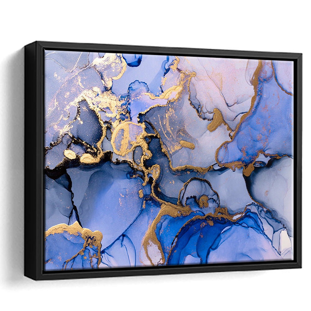 Blue Purple Gold Marble Painting  Blue Gold Abstract Print, Framed Canvas Print Wall Art, Floating Frame