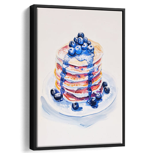 Blueberry Pancakes Art Print Vintage Retro Food Art, Framed Canvas Print Wall Art, Floating Frame
