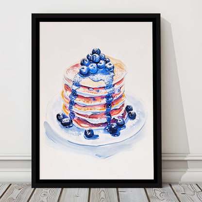 Blueberry Pancakes Art Print Vintage Retro Food Art, Framed Canvas Print Wall Art, Floating Frame