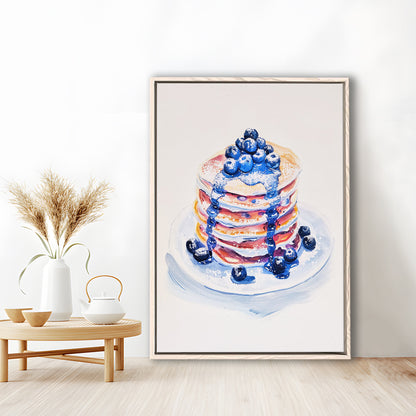 Blueberry Pancakes Art Print Vintage Retro Food Art, Framed Canvas Print Wall Art, Floating Frame