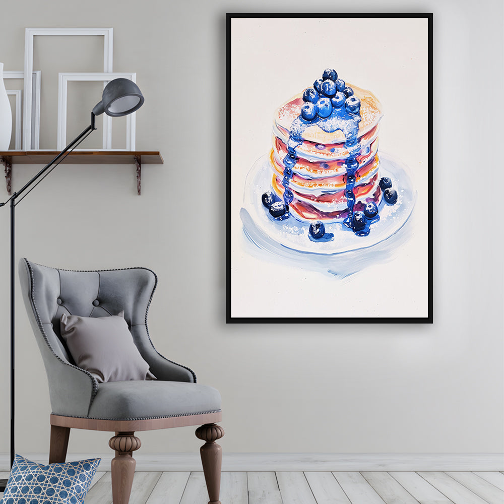 Blueberry Pancakes Art Print Vintage Retro Food Art, Framed Canvas Print Wall Art, Floating Frame