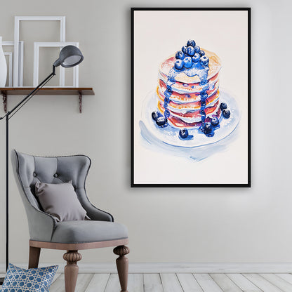 Blueberry Pancakes Art Print Vintage Retro Food Art, Framed Canvas Print Wall Art, Floating Frame