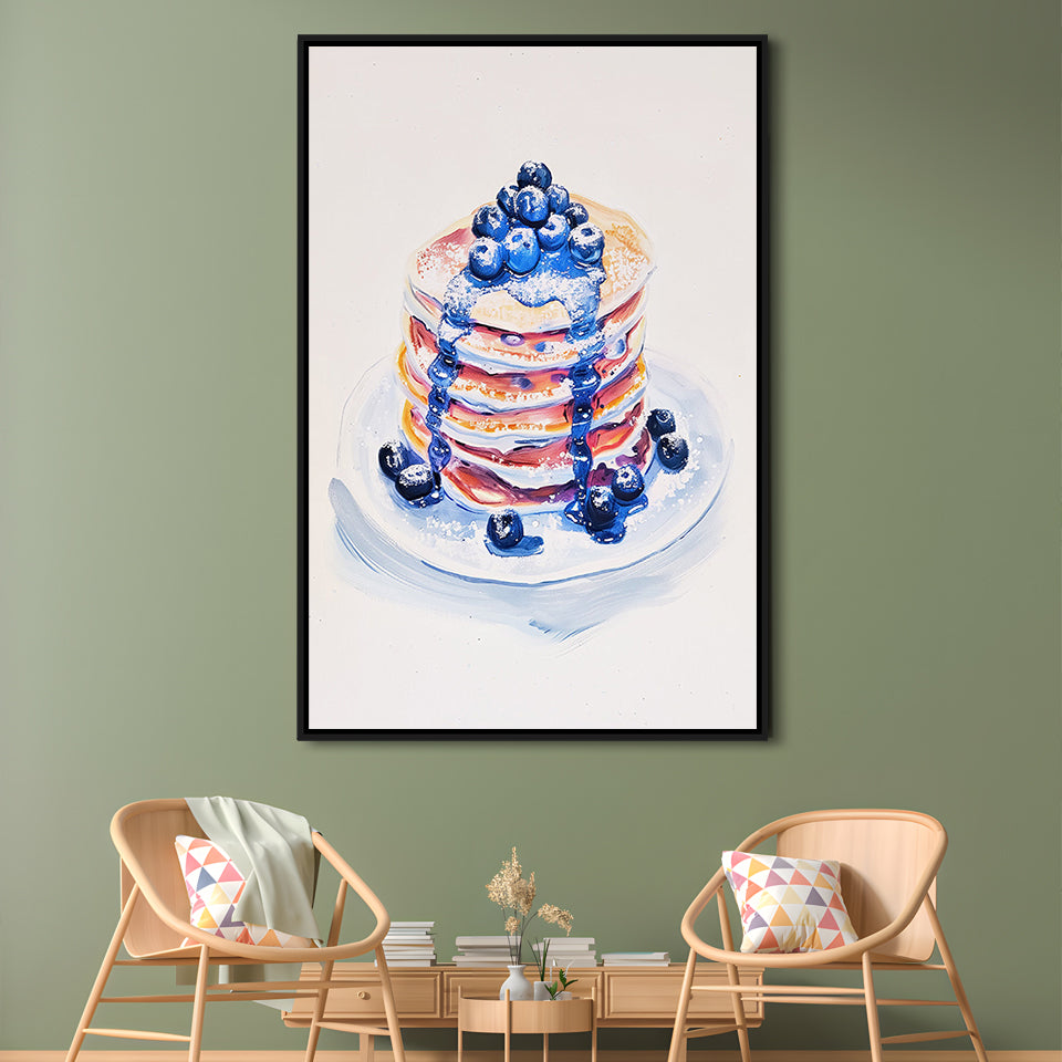 Blueberry Pancakes Art Print Vintage Retro Food Art, Framed Canvas Print Wall Art, Floating Frame