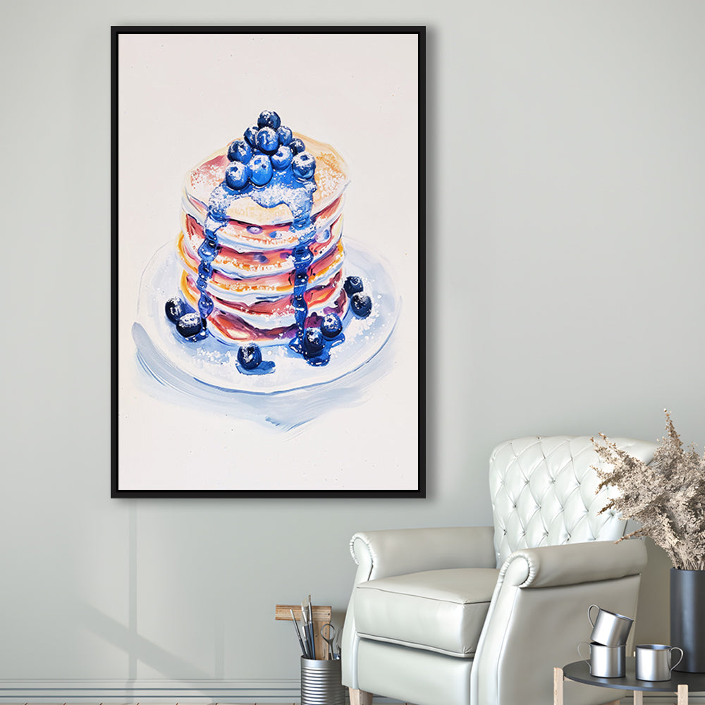 Blueberry Pancakes Art Print Vintage Retro Food Art, Framed Canvas Print Wall Art, Floating Frame