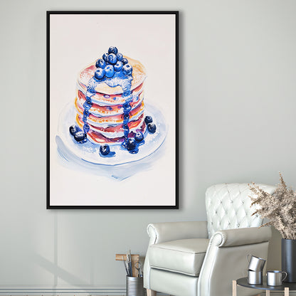 Blueberry Pancakes Art Print Vintage Retro Food Art, Framed Canvas Print Wall Art, Floating Frame