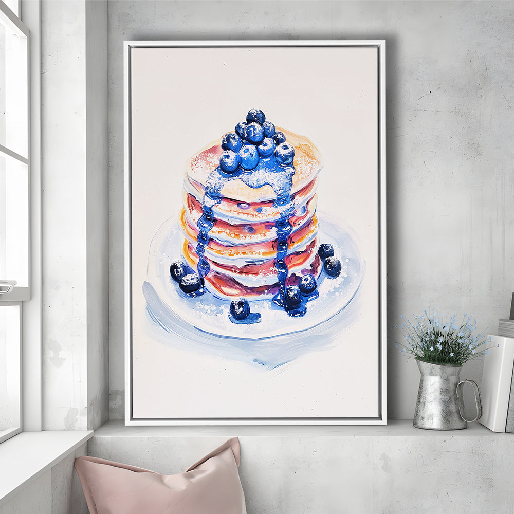 Blueberry Pancakes Art Print Vintage Retro Food Art, Framed Canvas Print Wall Art, Floating Frame