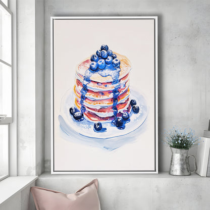 Blueberry Pancakes Art Print Vintage Retro Food Art, Framed Canvas Print Wall Art, Floating Frame