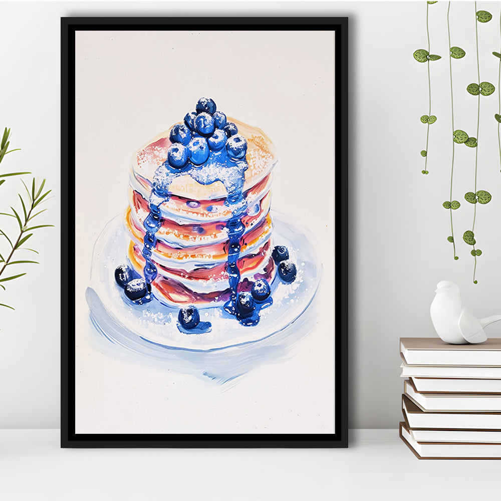 Blueberry Pancakes Art Print Vintage Retro Food Art, Framed Canvas Print Wall Art, Floating Frame