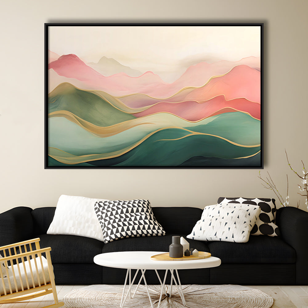 Blush Pink Green Abstract, Mountain Landscape Painting Print Living Room, Framed Canvas Print Wall Art, Floating Frame