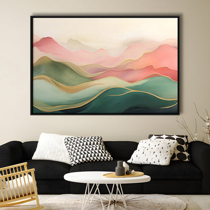 Blush Pink Green Abstract, Mountain Landscape Painting Print Living Room, Framed Canvas Print Wall Art, Floating Frame