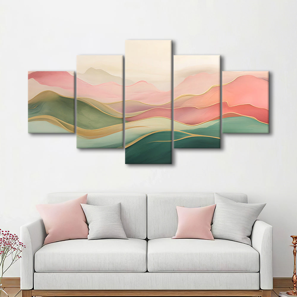 Blush Pink Green Abstract, Mountain Landscape Painting Print Living Room, 5 Panel Mixed Canvas Print Wall Art, Large Canvas