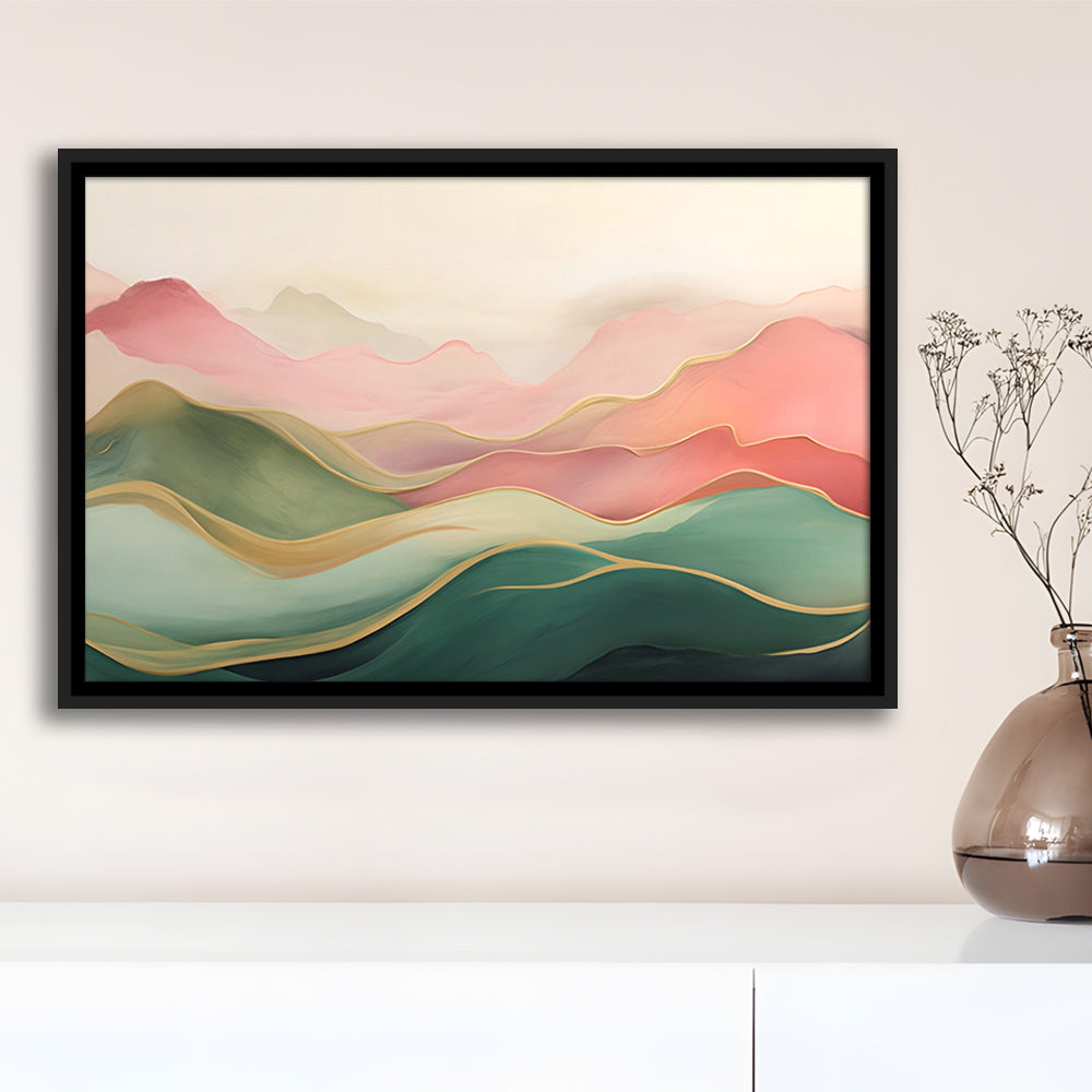Blush Pink Green Abstract, Mountain Landscape Painting Print Living Room, Framed Canvas Print Wall Art, Floating Frame