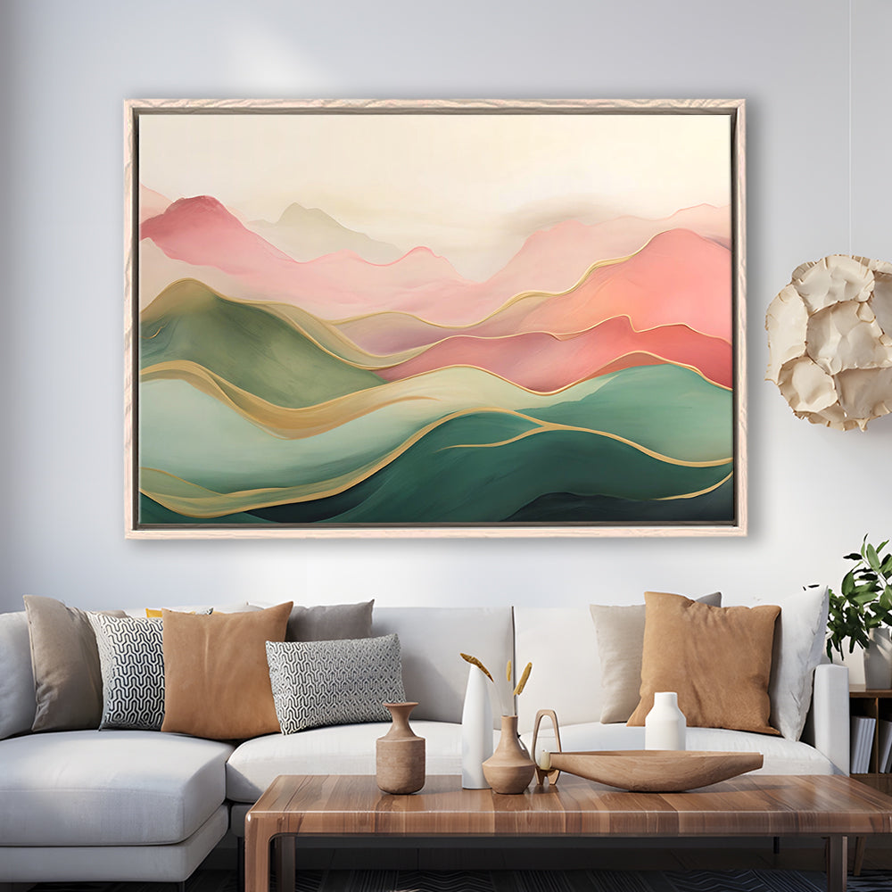 Blush Pink Green Abstract, Mountain Landscape Painting Print Living Room, Framed Canvas Print Wall Art, Floating Frame