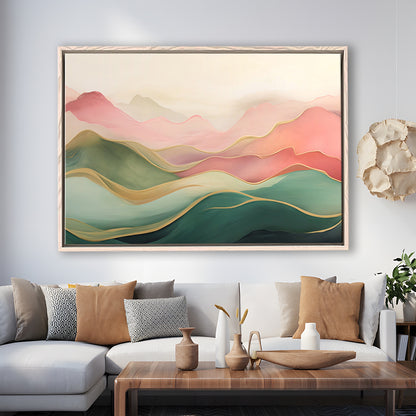 Blush Pink Green Abstract, Mountain Landscape Painting Print Living Room, Framed Canvas Print Wall Art, Floating Frame