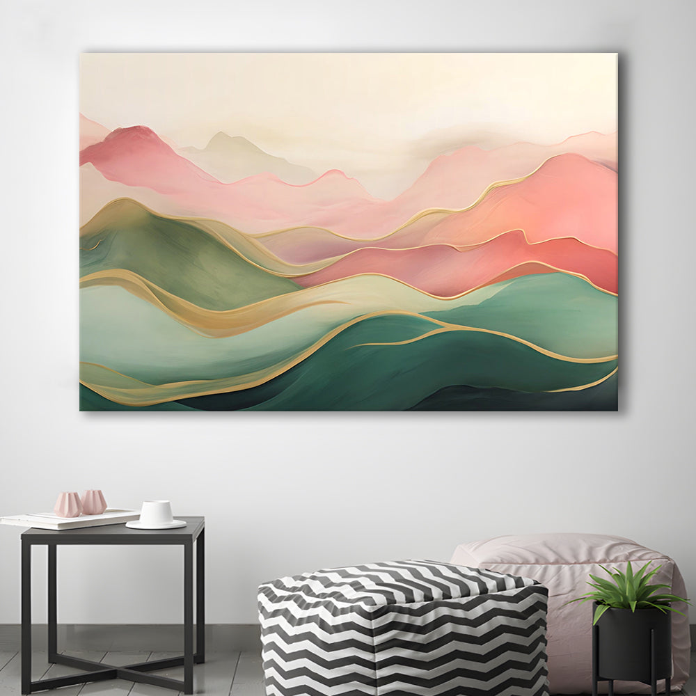 Blush Pink Green Abstract, Mountain Landscape Painting Print Living Room, Canvas Print Wall Art, Wall Decor, Painting Canvas