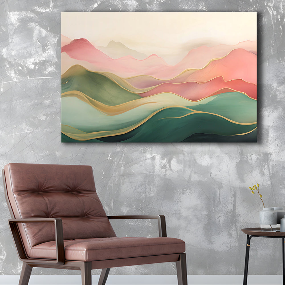 Blush Pink Green Abstract, Mountain Landscape Painting Print Living Room, Canvas Print Wall Art, Wall Decor, Painting Canvas