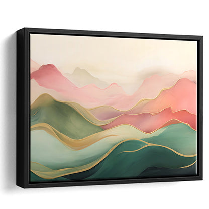 Blush Pink Green Abstract, Mountain Landscape Painting Print Living Room, Framed Canvas Print Wall Art, Floating Frame