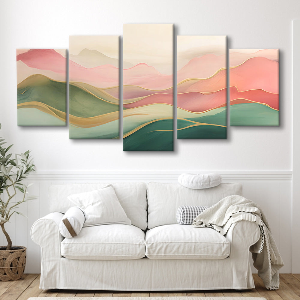 Blush Pink Green Abstract, Mountain Landscape Painting Print Living Room, 5 Panel Mixed Canvas Print Wall Art, Large Canvas