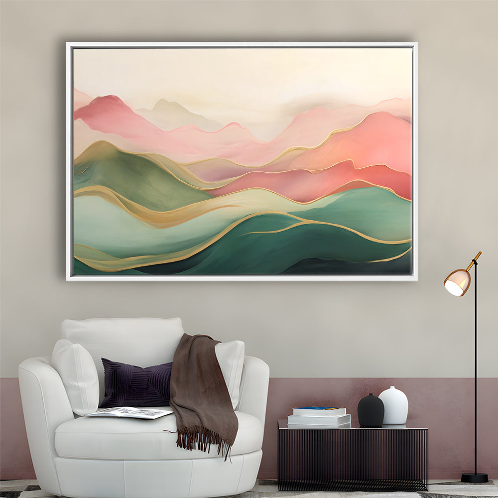 Blush Pink Green Abstract, Mountain Landscape Painting Print Living Room, Framed Canvas Print Wall Art, Floating Frame