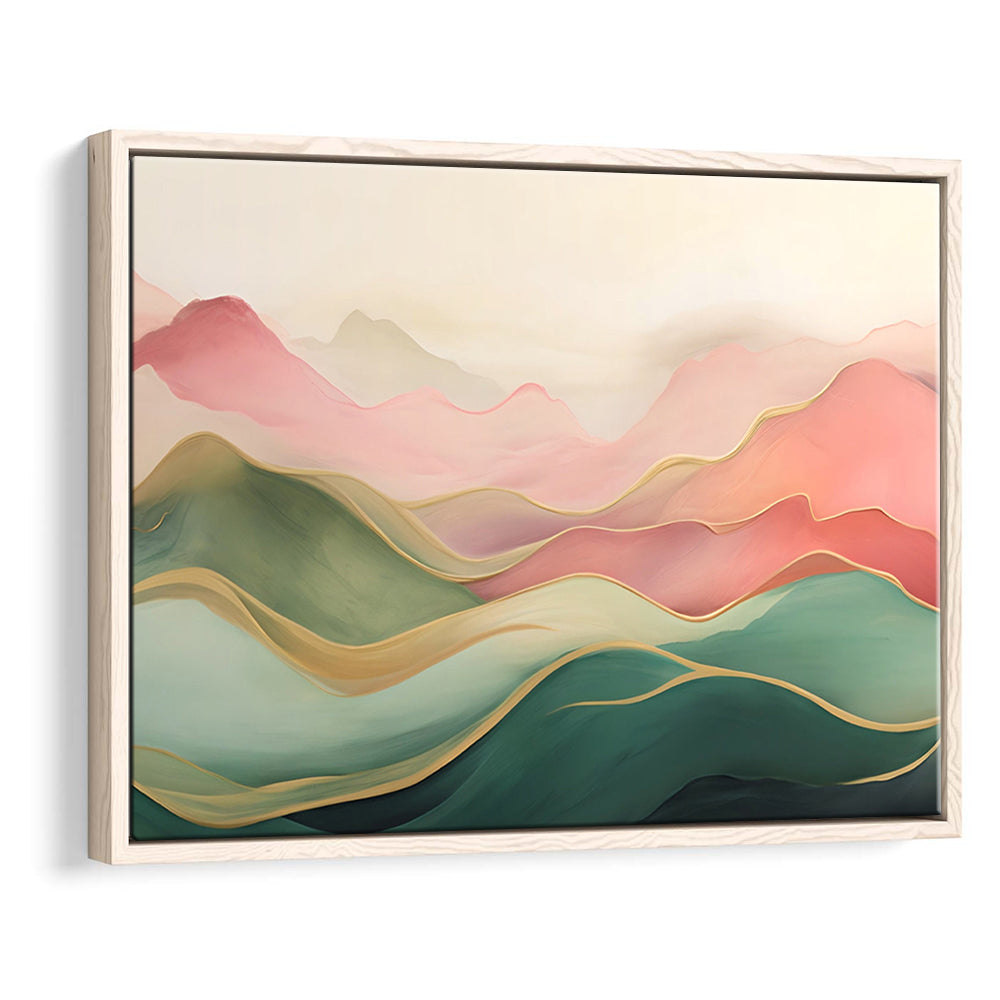 Blush Pink Green Abstract, Mountain Landscape Painting Print Living Room, Framed Canvas Print Wall Art, Floating Frame