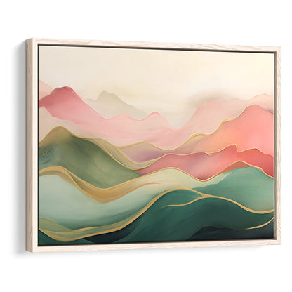Blush Pink Green Abstract, Mountain Landscape Painting Print Living Room, Framed Canvas Print Wall Art, Floating Frame
