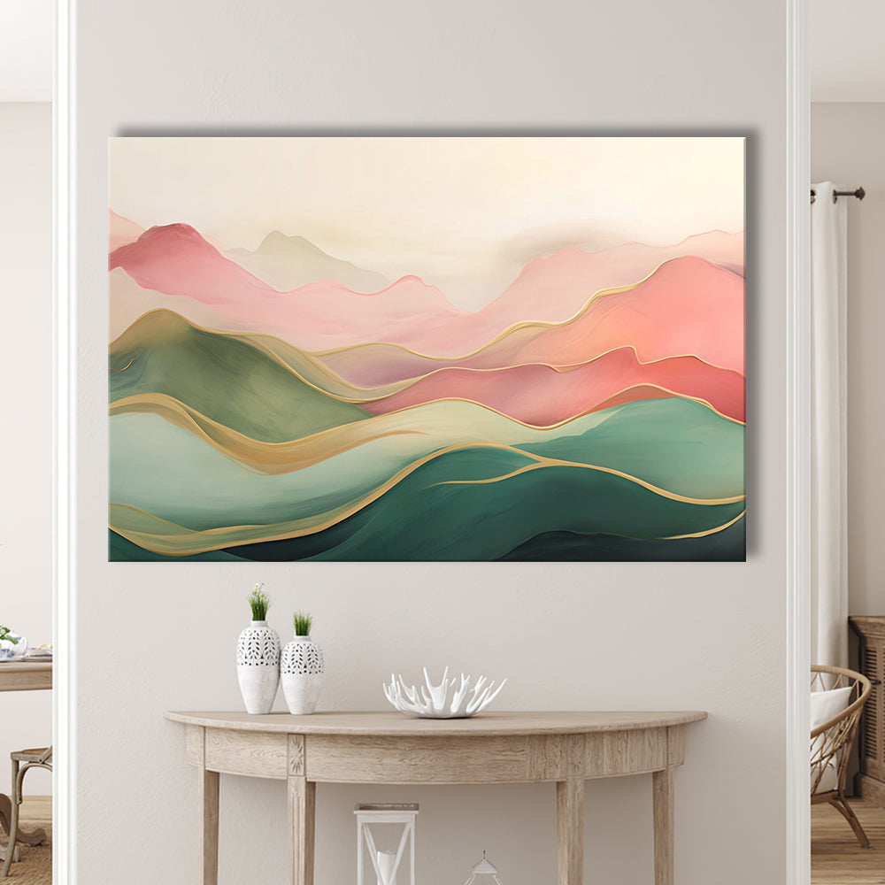 Blush Pink Green Abstract, Mountain Landscape Painting Print Living Room, Canvas Print Wall Art, Wall Decor, Painting Canvas