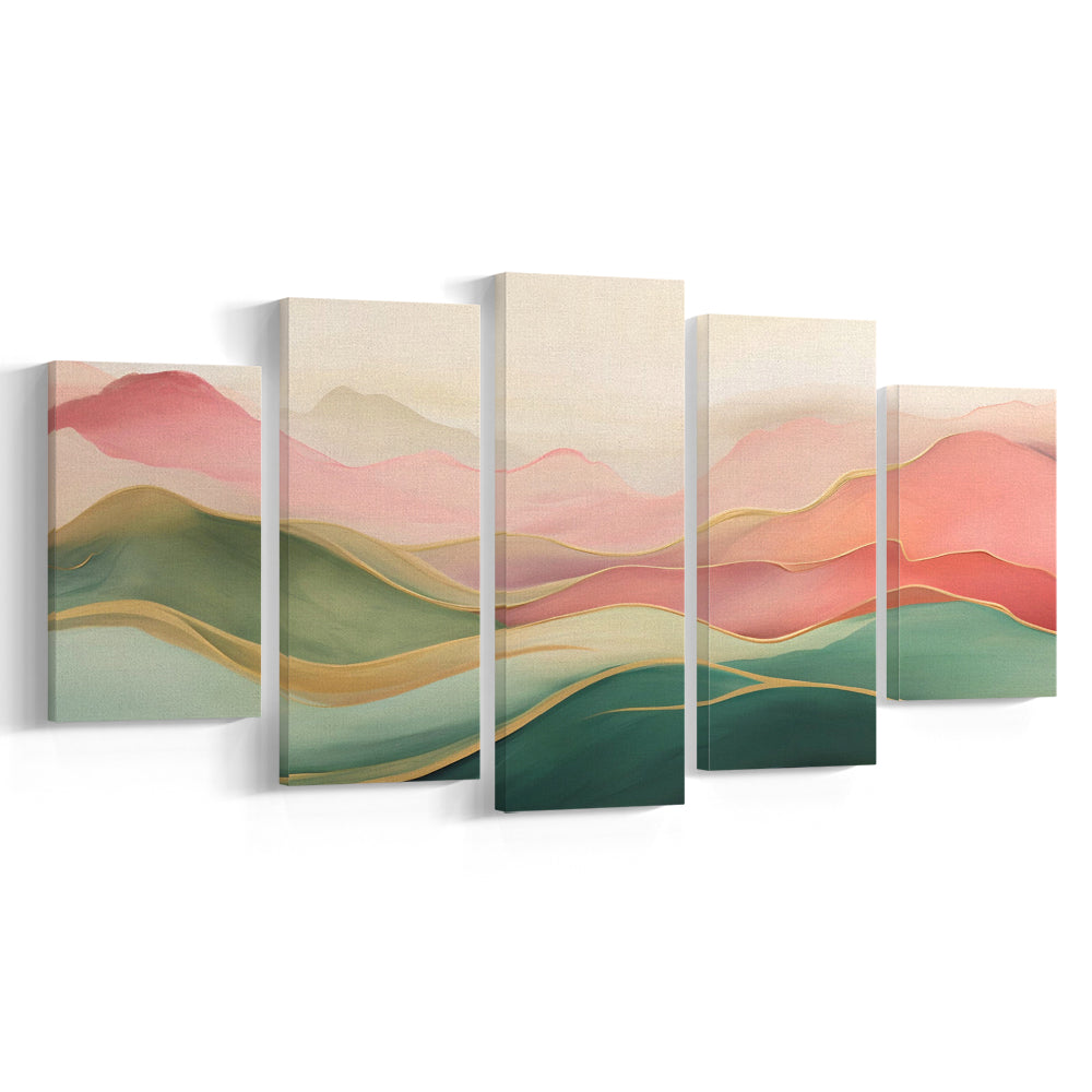 Blush Pink Green Abstract, Mountain Landscape Painting Print Living Room, 5 Panel Mixed Canvas Print Wall Art, Large Canvas