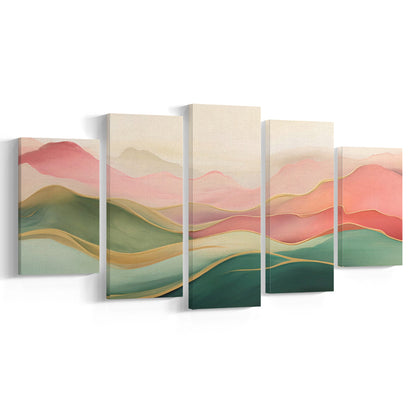Blush Pink Green Abstract, Mountain Landscape Painting Print Living Room, 5 Panel Mixed Canvas Print Wall Art, Large Canvas