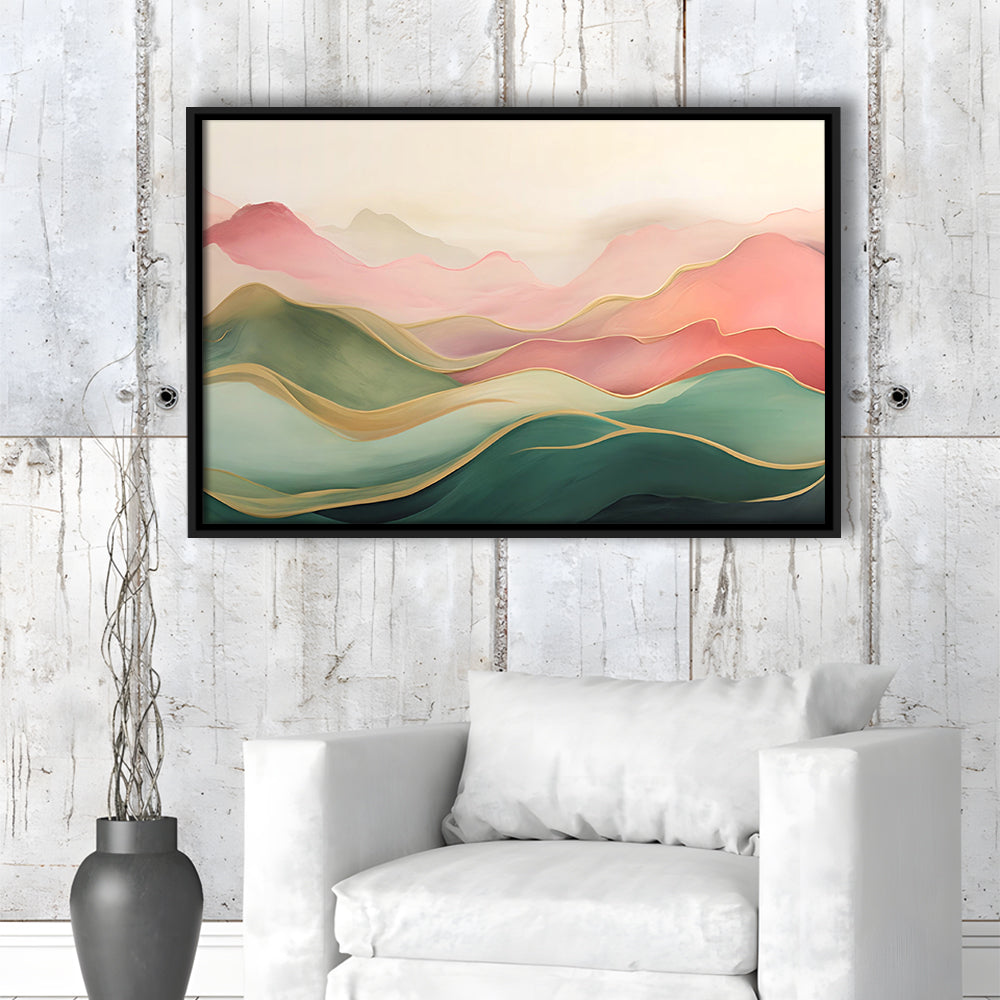 Blush Pink Green Abstract, Mountain Landscape Painting Print Living Room, Framed Canvas Print Wall Art, Floating Frame