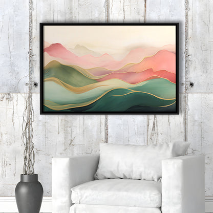 Blush Pink Green Abstract, Mountain Landscape Painting Print Living Room, Framed Canvas Print Wall Art, Floating Frame