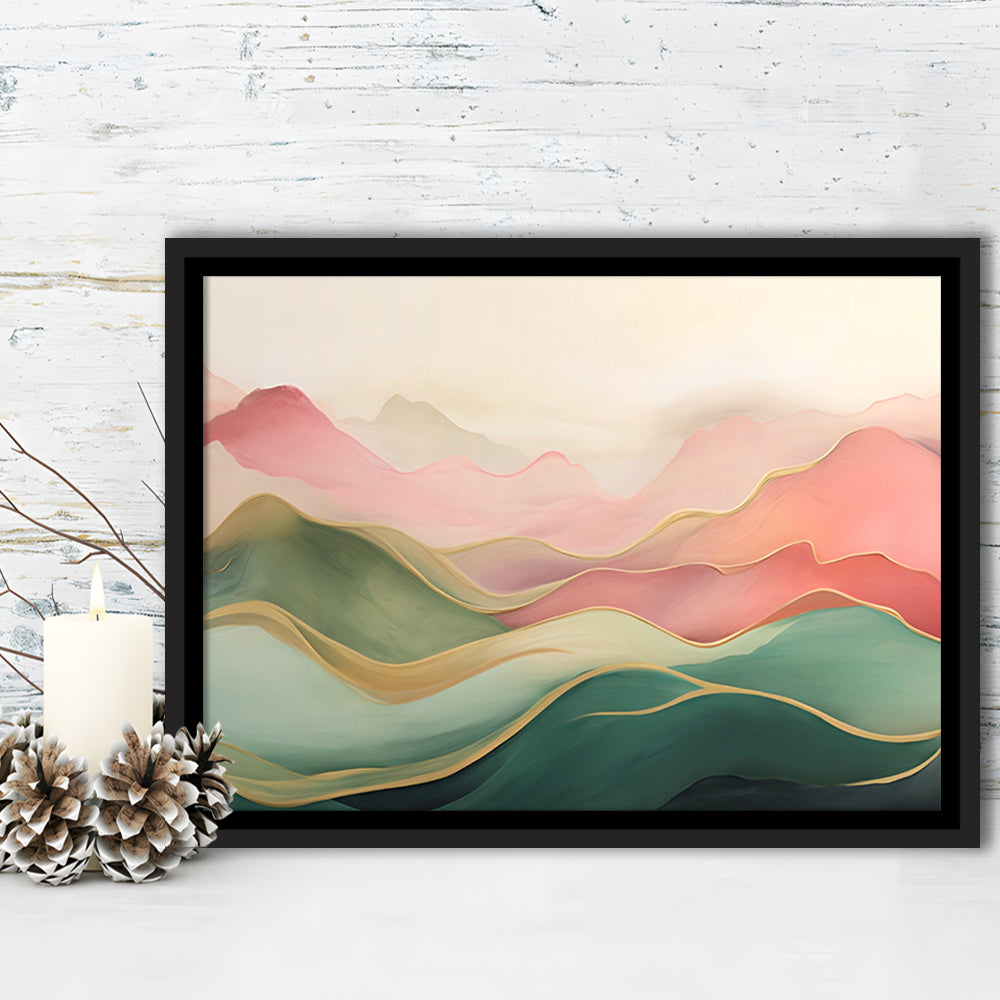 Blush Pink Green Abstract, Mountain Landscape Painting Print Living Room, Framed Canvas Print Wall Art, Floating Frame