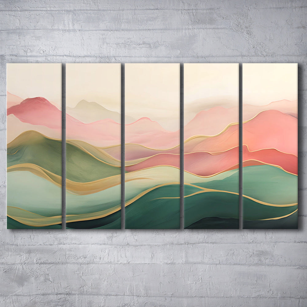Blush Pink Green Abstract, Mountain Landscape Painting Print Living Room, 5 Panel B Canvas Print Wall Art, Extra Large Canvas