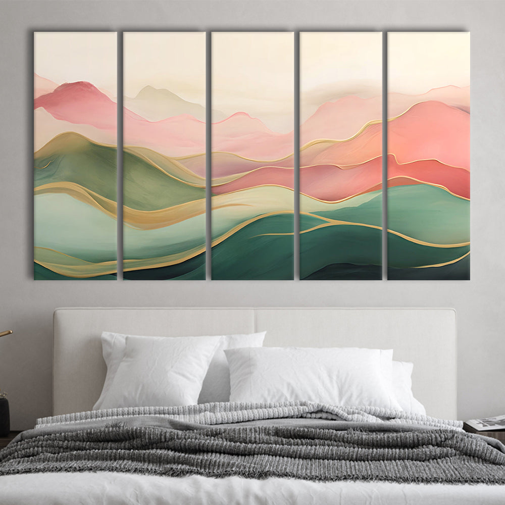 Blush Pink Green Abstract, Mountain Landscape Painting Print Living Room, 5 Panel B Canvas Print Wall Art, Extra Large Canvas