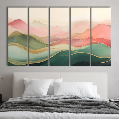 Blush Pink Green Abstract, Mountain Landscape Painting Print Living Room, 5 Panel B Canvas Print Wall Art, Extra Large Canvas