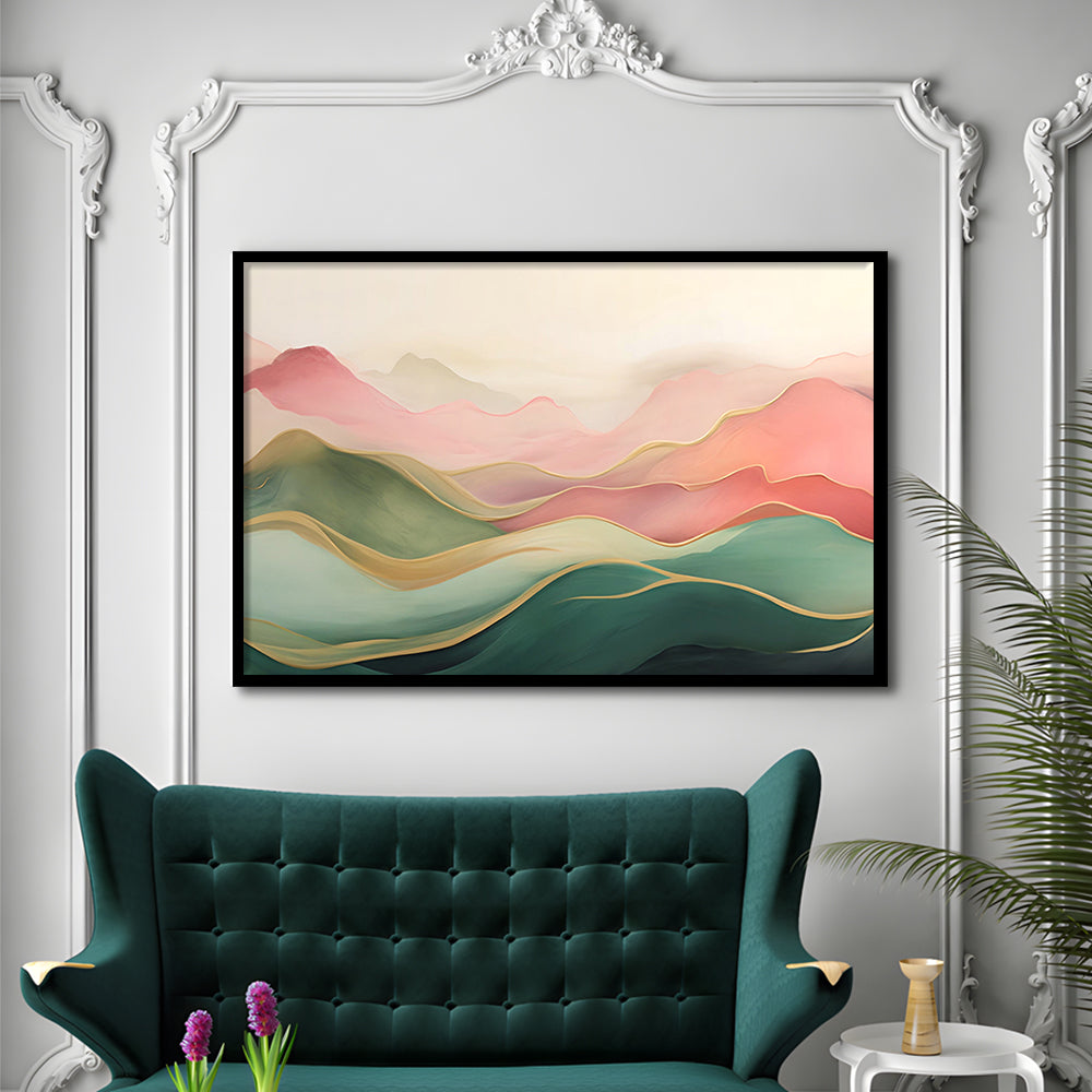 Blush Pink Green Abstract, Mountain Landscape Painting Print Living Room, Framed Art Print Wall Decor, Picture Framed