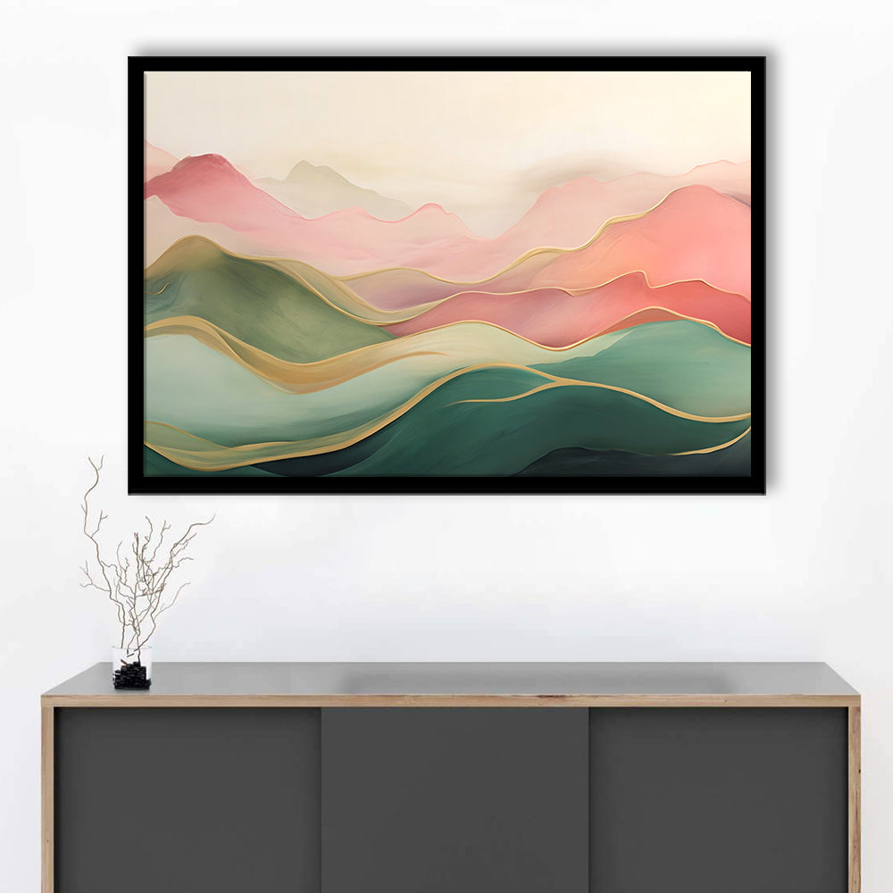Blush Pink Green Abstract, Mountain Landscape Painting Print Living Room, Framed Art Print Wall Decor, Picture Framed