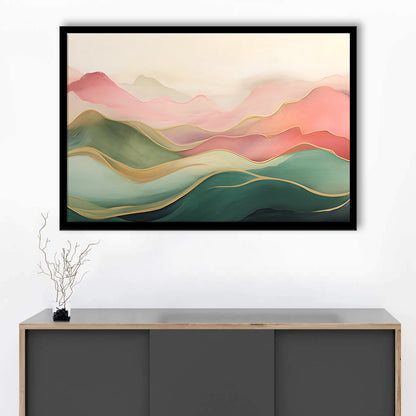 Blush Pink Green Abstract, Mountain Landscape Painting Print Living Room, Framed Art Print Wall Decor, Picture Framed