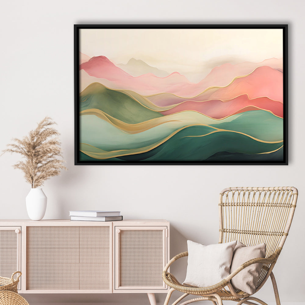 Blush Pink Green Abstract, Mountain Landscape Painting Print Living Room, Framed Canvas Print Wall Art, Floating Frame