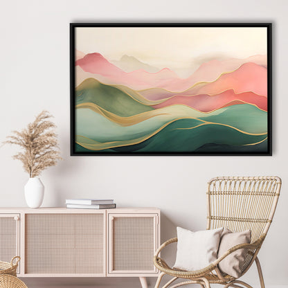 Blush Pink Green Abstract, Mountain Landscape Painting Print Living Room, Framed Canvas Print Wall Art, Floating Frame