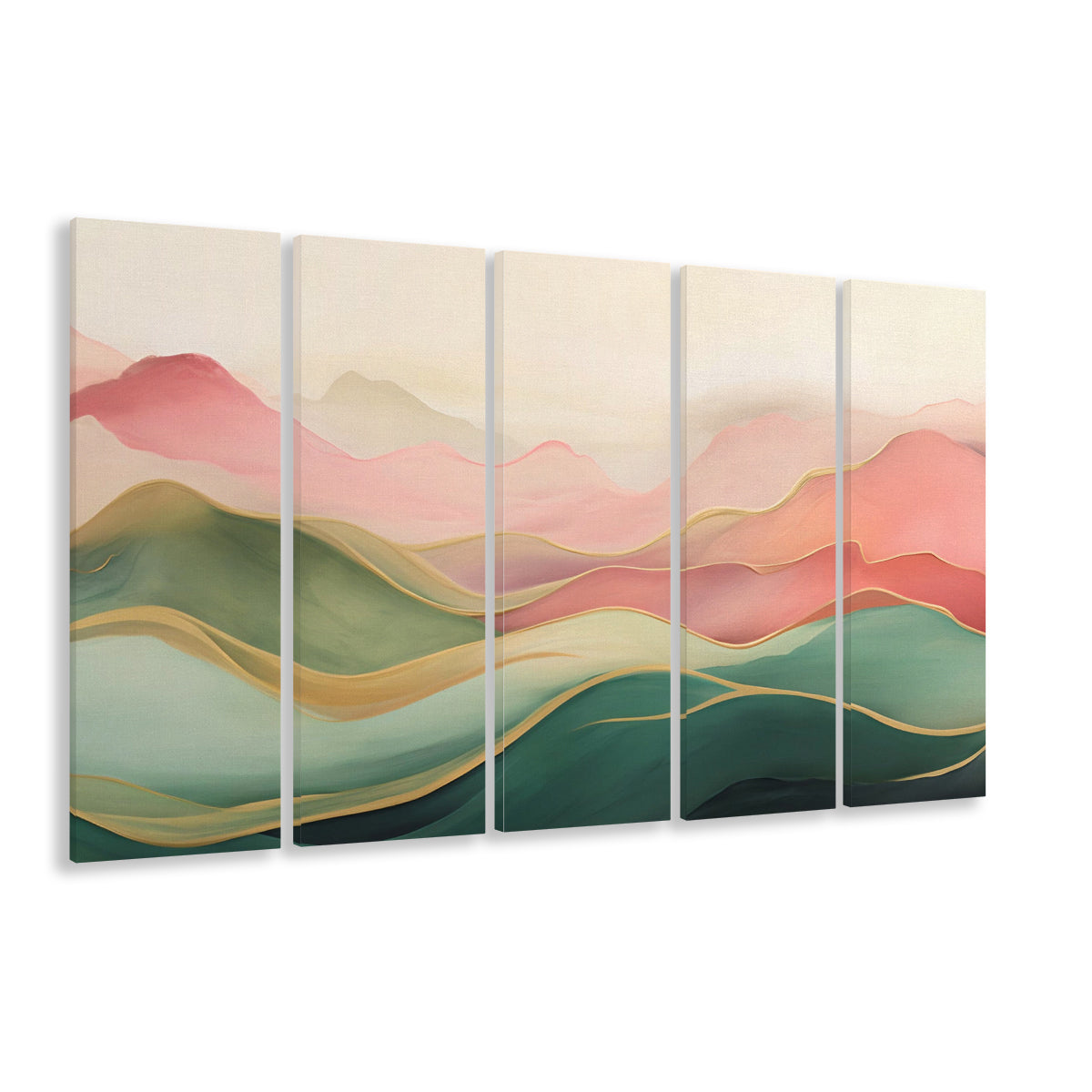 Blush Pink Green Abstract, Mountain Landscape Painting Print Living Room, 5 Panel B Canvas Print Wall Art, Extra Large Canvas