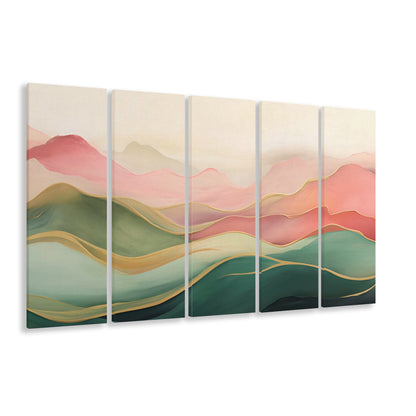 Blush Pink Green Abstract, Mountain Landscape Painting Print Living Room, 5 Panel B Canvas Print Wall Art, Extra Large Canvas