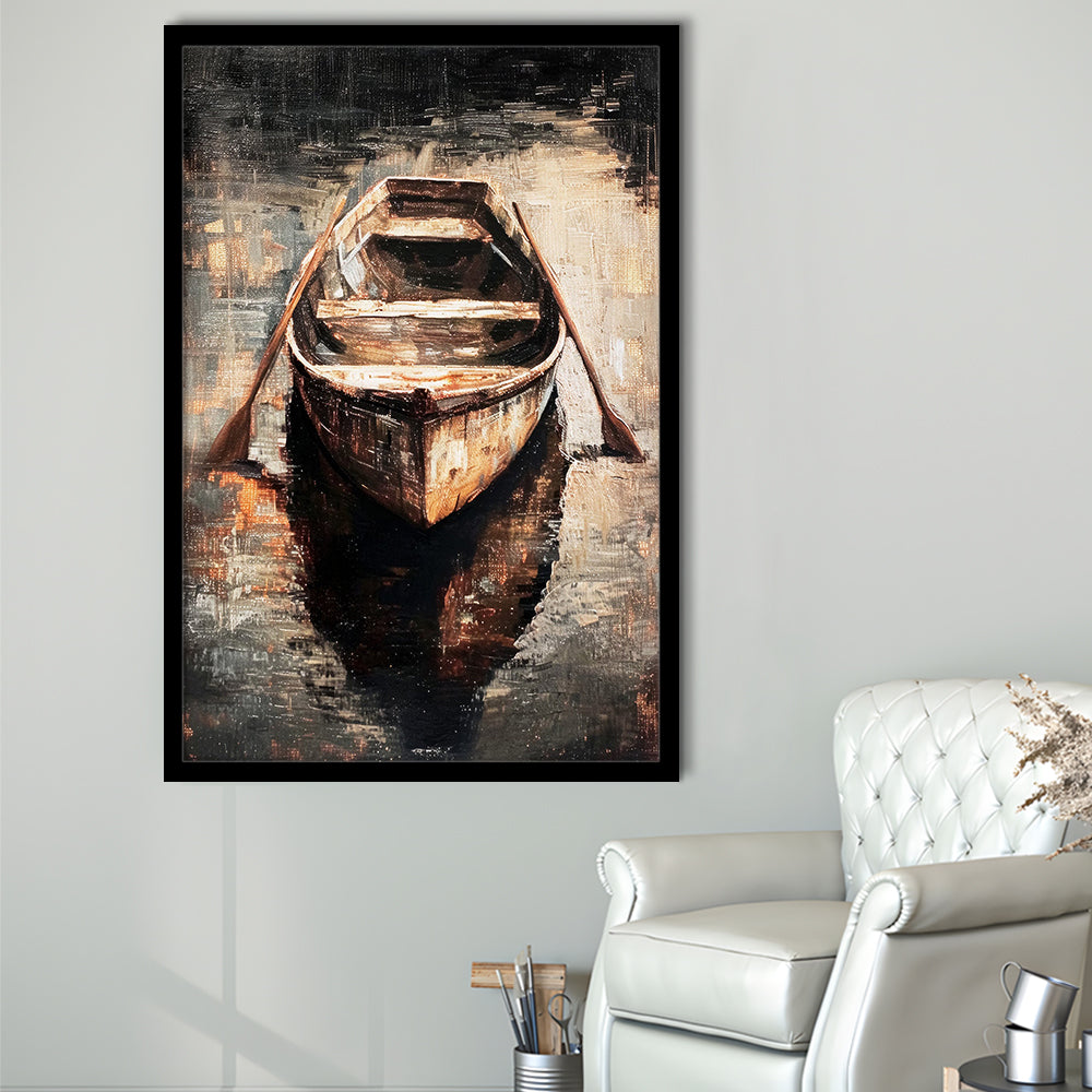 Boat on Water Oil Painting Vintage Dark Aesthetic Rustic, Framed Art Print Wall Decor, Picture Framed