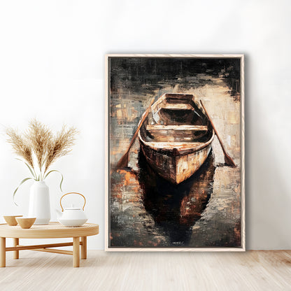 Boat on Water Oil Painting Vintage Dark Aesthetic Rustic, Framed Canvas Print Wall Art, Floating Frame